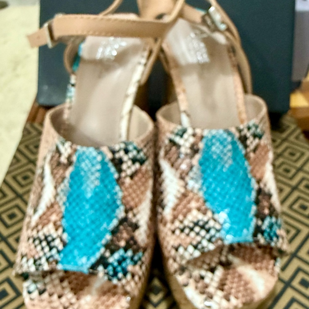 Charles By Charles David Tan & Turquoise Snake-Print Wedge Sandals